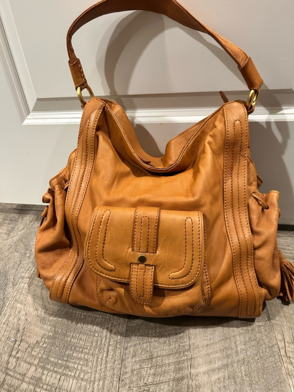 Orange/Golden brown, Lamb Leather Hobo Shoulder Bag - Classic Women's Handbag